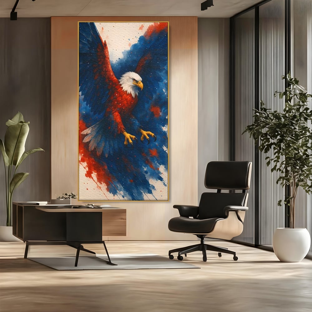Tablou canvas cu tablou canvas vultur in zbor, in rama de aluminiu auriu, pe perete intr-un birou